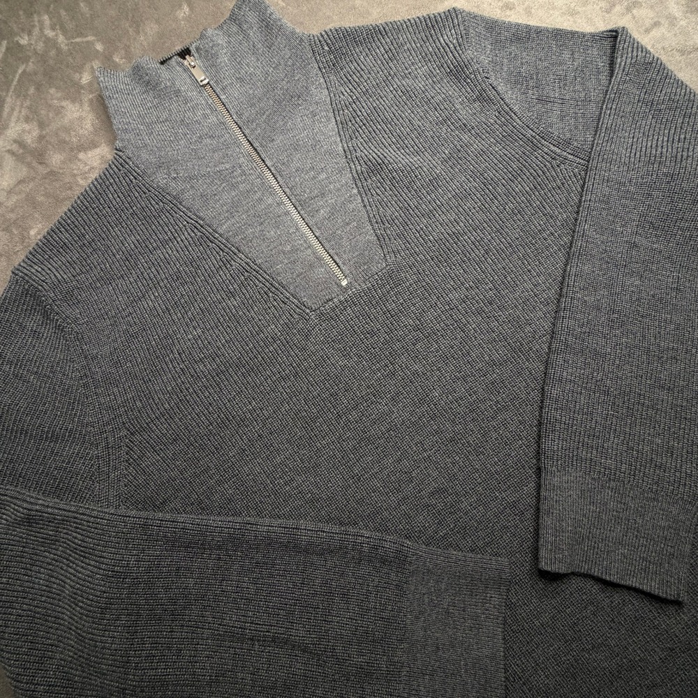 Theory Quarter Zip Sweater Womens L Gray Ribbed Mock Neck‎ Knit Pullover